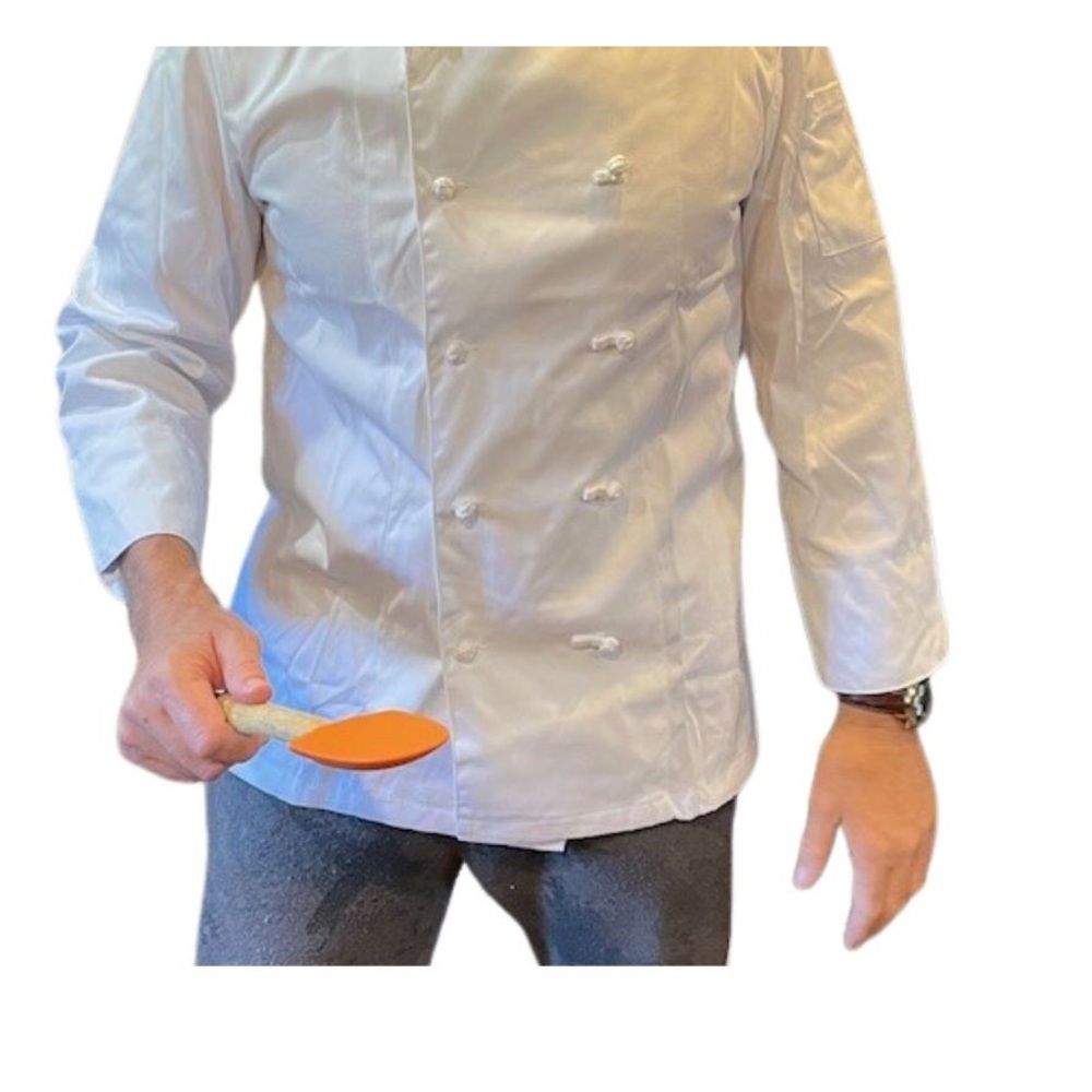 Executive Chef Coat White with cloth buttons and unique crossover Collar.